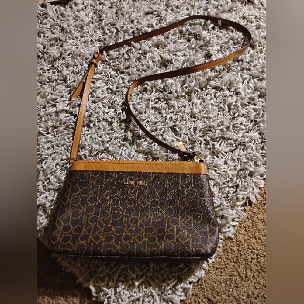 Calvin Klein Women's Logo Print CK Small Bag Brown Crossbody Khaki